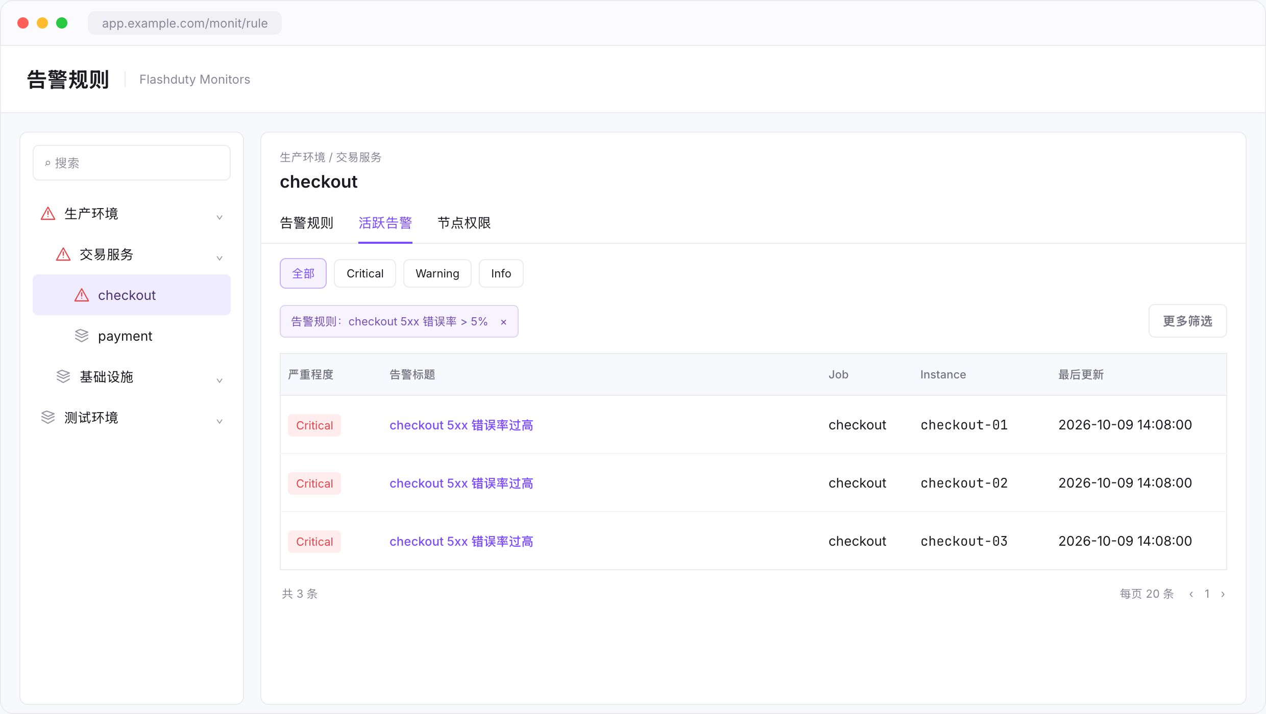 根据代码复刻的活跃告警列表:自动筛选指定规则,展示三个实例