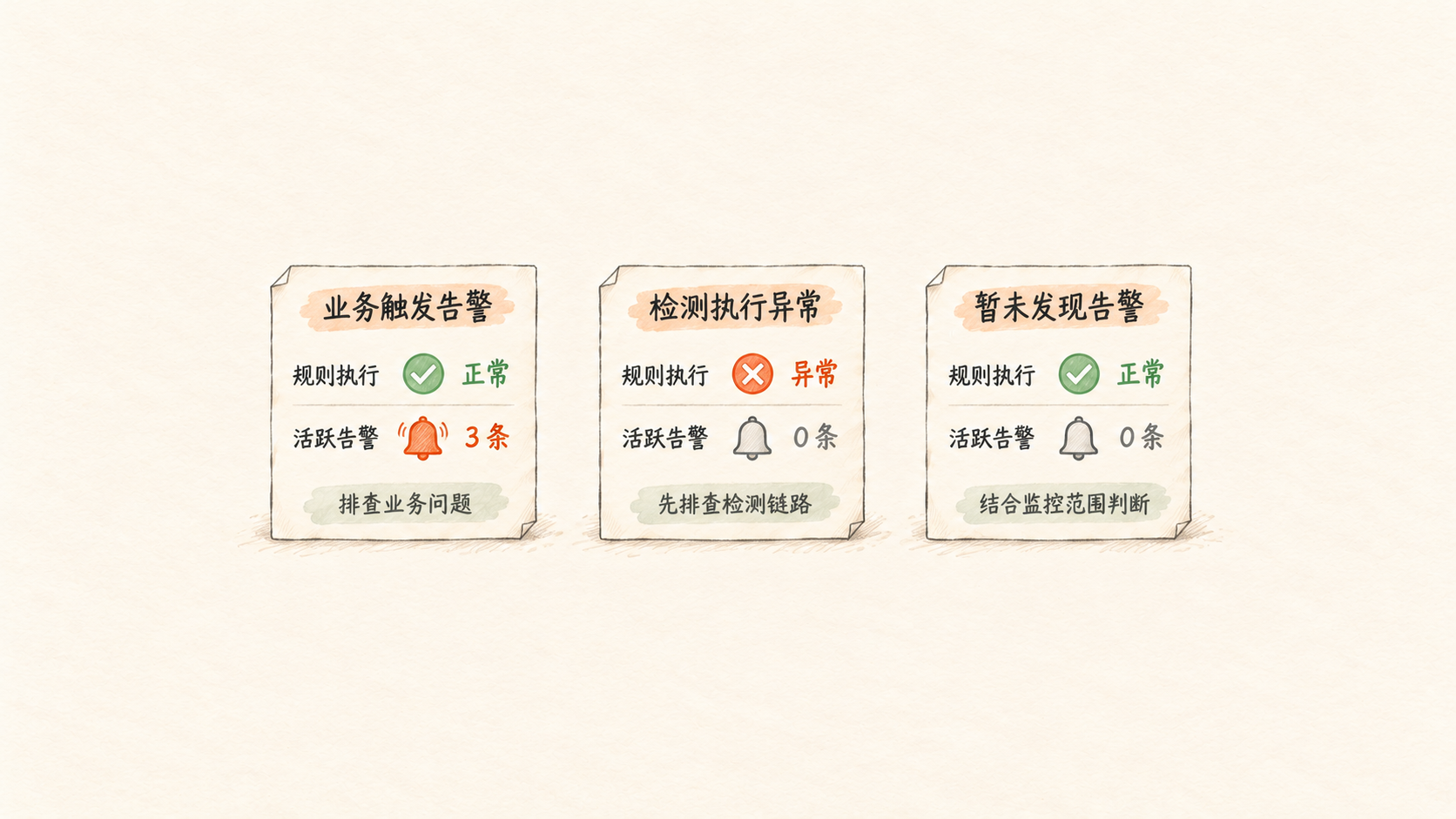 手绘示意:运行正常且有告警、执行异常且没有告警、运行正常且暂未发现告警