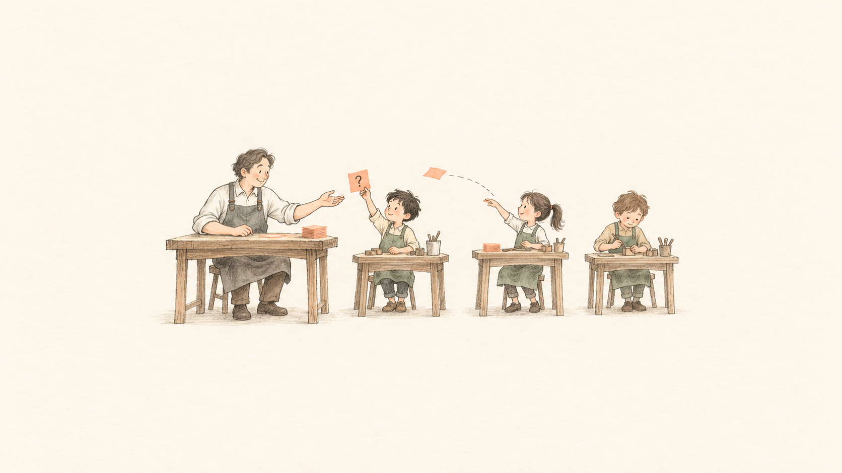 暖米色手绘插画：作坊里师傅坐在桌前，几个徒弟各自在独立的小工作台干活，一个徒弟举着一张带问号的小纸条，四周保留大面积留白。