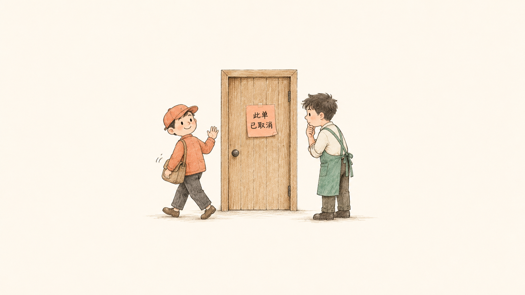 暖米色手绘插画：信使将“此单已取消”的字条贴在作坊门上后离开，晚到的工人在开门前读到字条，四周保留大面积留白。